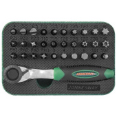 Набор вставок-бит Jonnesway с трещоточной рукояткой мини 1/4"DR, 60 зубцов, 32 предмета