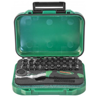 Набор вставок-бит Jonnesway с трещоточной рукояткой мини 1/4"DR, 60 зубцов, 32 предмета