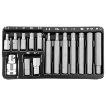 Набор вставок-бит Jonnesway 10 мм шестигранных Н4-12 мм. (30 и 75 мм), 15 предметов