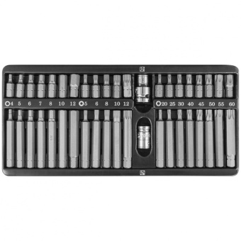Набор вставок-бит Jonnesway 10 мм шестигранных H4-12 мм, Torx Т20-Т60, Spline М5-М12 (30 и 75 мм), 42 предмета