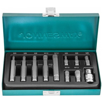 Набор вставок-бит 12-гранных Jonnesway S29H4111S 10 мм Spline М-профиль (30 и 75 мм), М5-М12, 11 предметов
