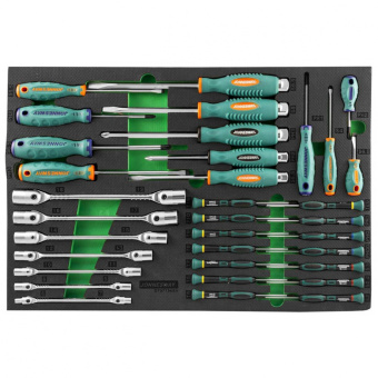 Набор стержневых отверток, отверток для точной механики и торцевых шарнирных ключей JONNESWAY D737134SV, 34 предмета (EVA ложемент 560х400 мм)