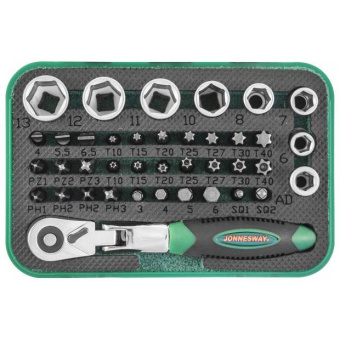 Набор торцевых головок 1/4"DR, вставок-бит с трещоточной рукояткой мини 1/4"DR Jonnesway, 60 зубцов, 40 предметов