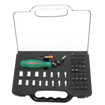 Рукоятка Jonnesway отверточная трещоточная с гибкой головкой в наборе с битами и головками, 53 предмета