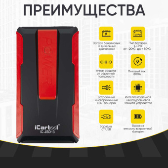 Пусковое устройство 12В, 7 200 мАч, 400/800А iCartool IC-JSD13