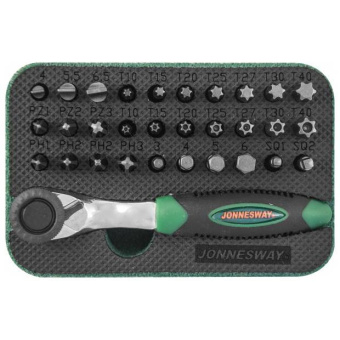 Набор вставок-бит Jonnesway с трещоточной рукояткой мини 1/4"DR, 60 зубцов, 32 предмета